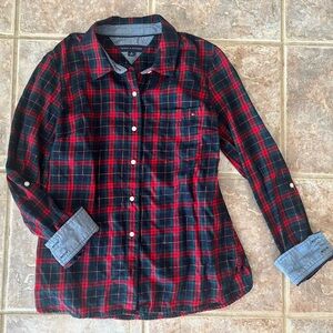 Tommy Hilfiger Red, Navy, and Green Women’s Plaid Holiday Button Down Shirt